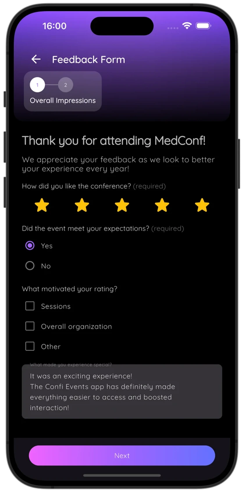 Feedback form screen